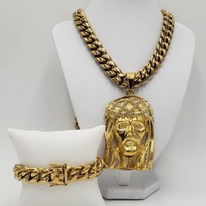 14mm 14k gold plated Cuban link set and pendant